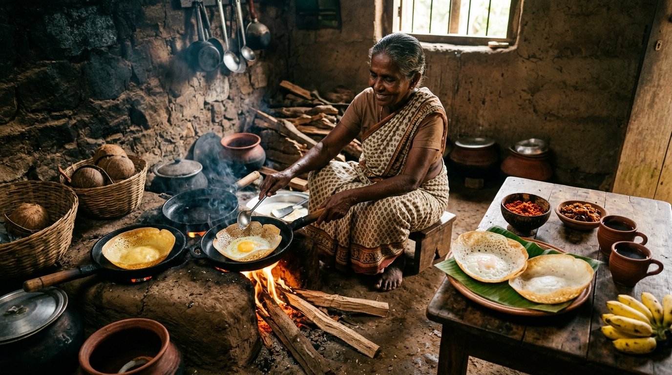Sri Lankan live hoppers making on clay hearth